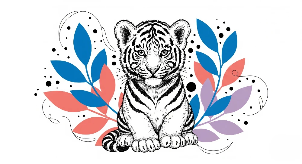 Gyermekszoba tapéta | Aranyos tigris színes lombkoronával