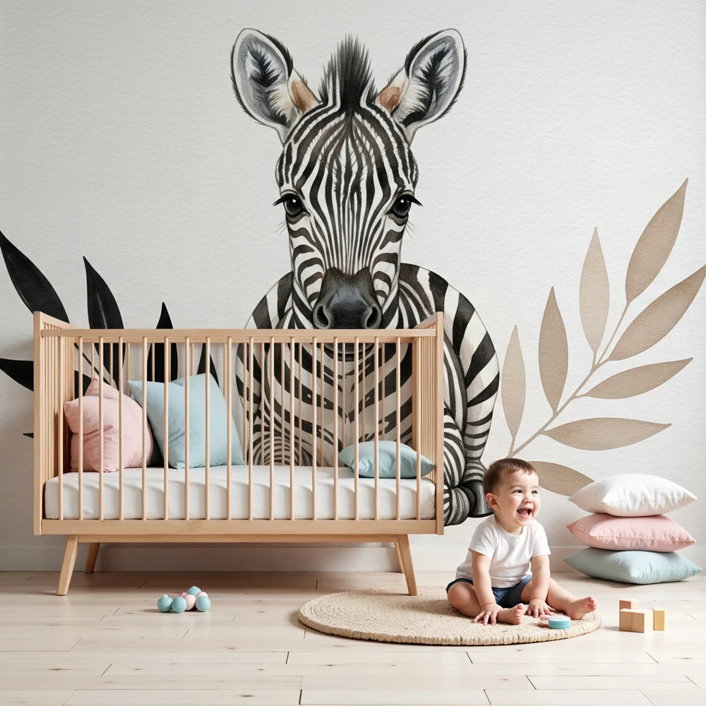 Gyermekszoba tapéta | Bébi zebra levelek között