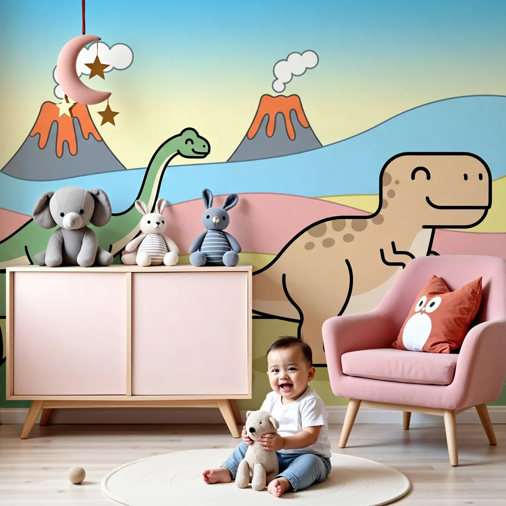 Gyermekszoba tapéta | Boldog dinoszauruszok természetben