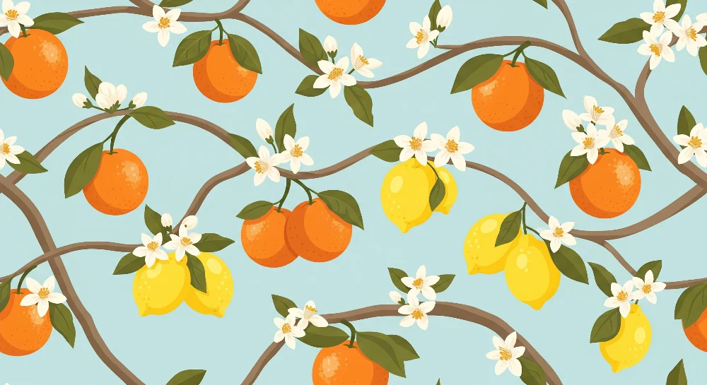 Gyermekszoba tapéta | Citrusfák ágakkal narancsokkal és citromokkal virágokban