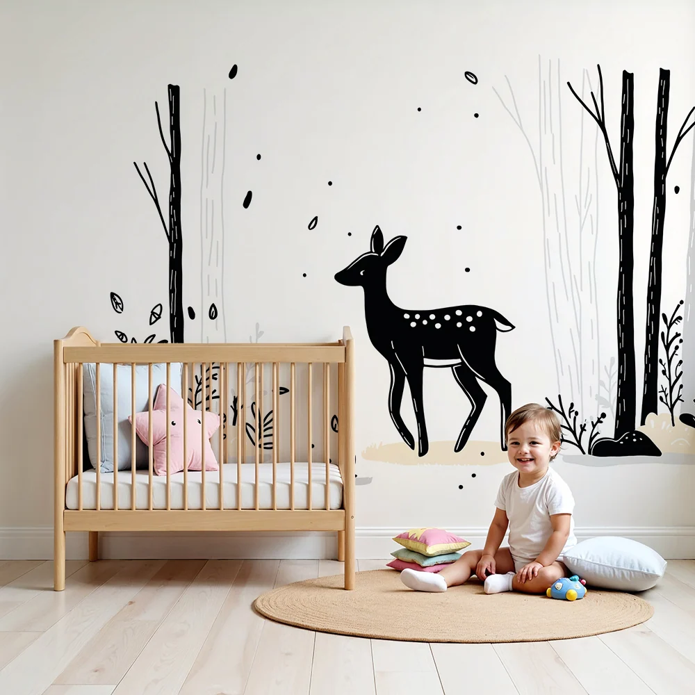 Gyermekszoba tapéta | Elegáns szarvas egy minimalista erdőben