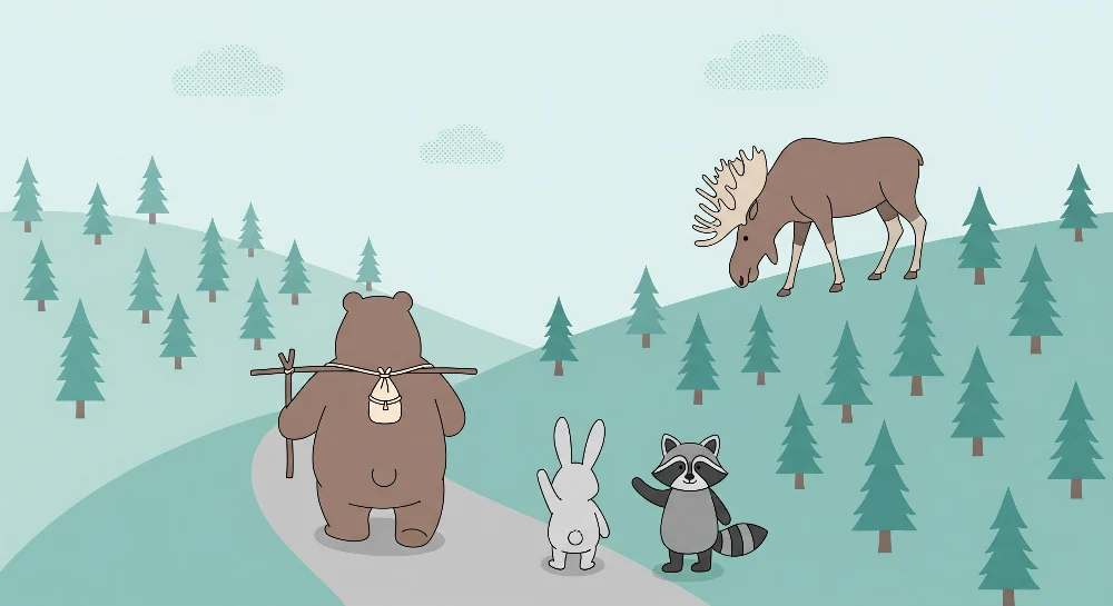 Gyermekszoba tapéta | Erdei kaland medvével, nyúllal és mosómedvével