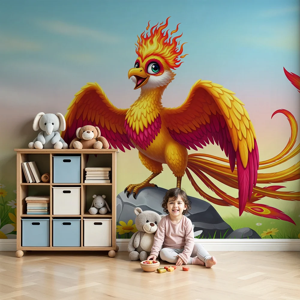 Gyermekszoba tapéta | Fantasztikus madár lángoló tollakkal egy virágmezőn