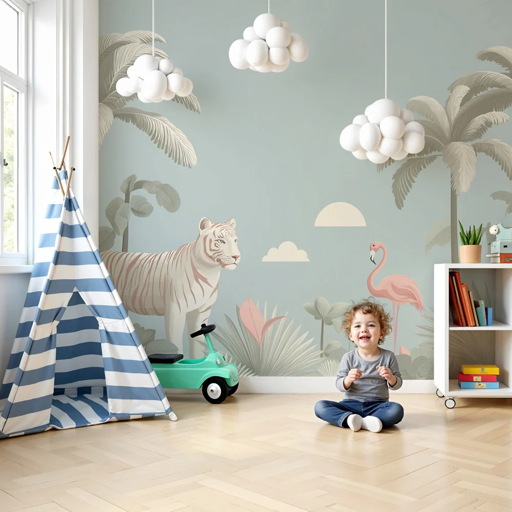 Gyermekszoba tapéta | Fehér tigris és rózsaszín flamingó dzsungelben