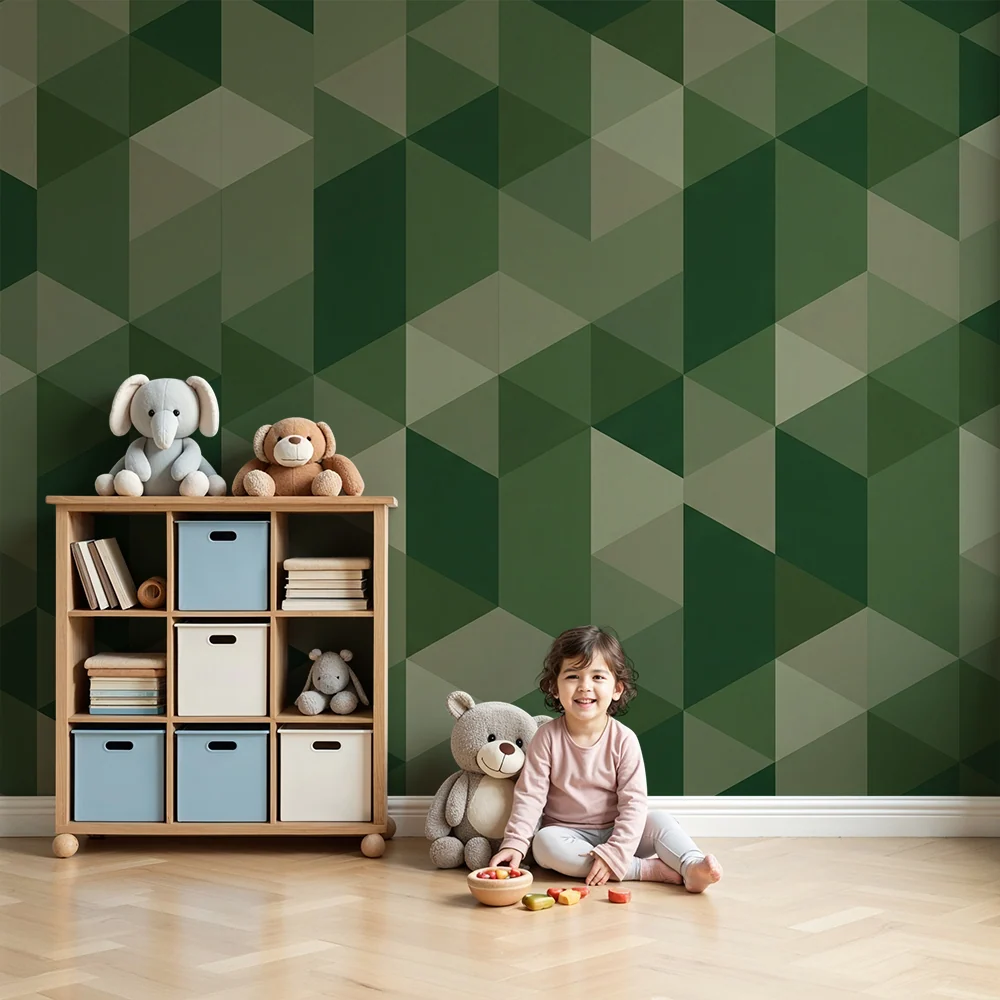 Gyermekszoba tapéta | Geometriai minta zöld árnyalatokban