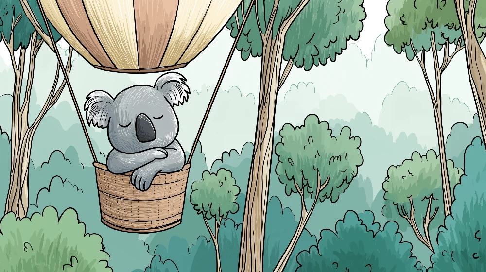 Gyermekszoba tapéta | Koala egy kosárban az erdő felett