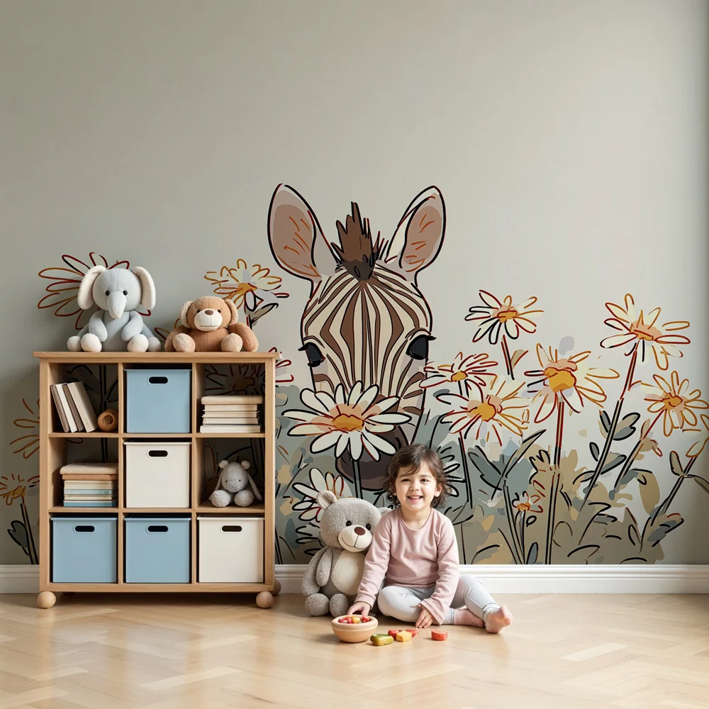Gyermekszoba tapéta | Kíváncsi zebra virágok között