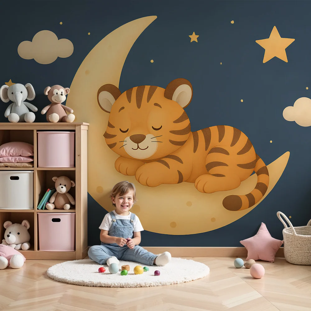 Gyermekszoba tapéta | Álmos kis tigris egy holdfogyatkozóban