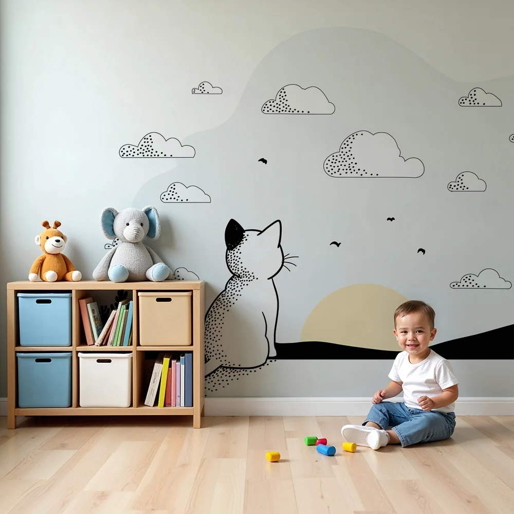 Gyermekszoba tapéta | Meditáló macska egy minimalista naplemente előtt