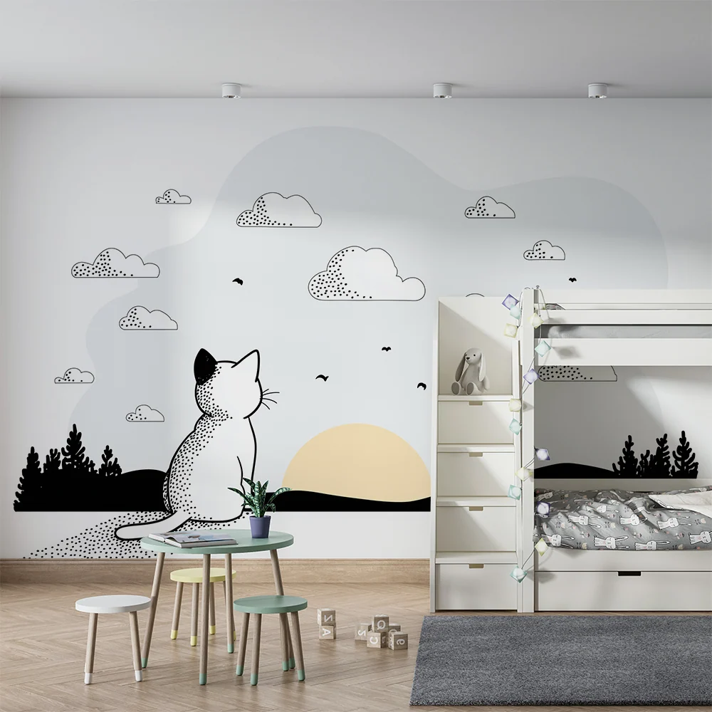 Gyermekszoba tapéta | Meditáló macska egy minimalista naplemente előtt