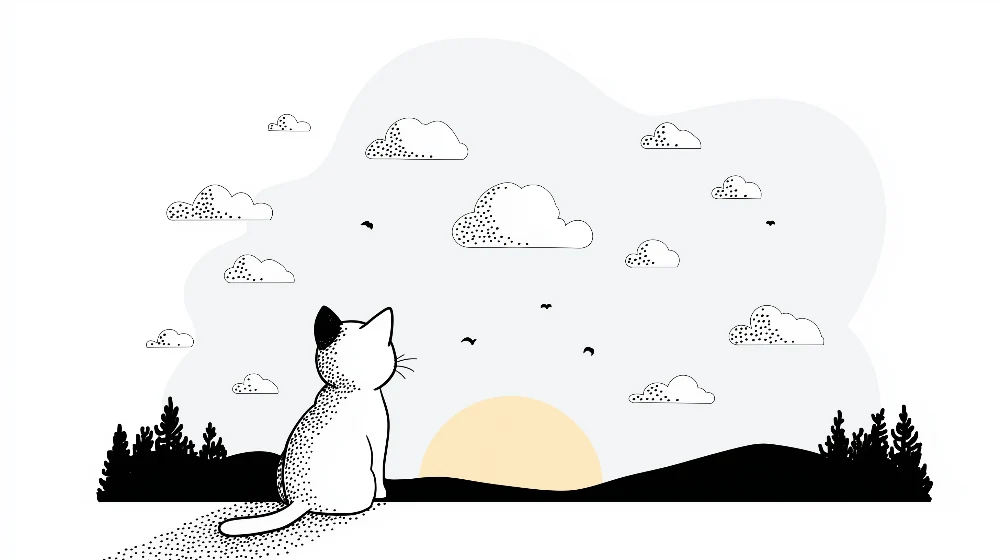 Gyermekszoba tapéta | Meditáló macska egy minimalista naplemente előtt