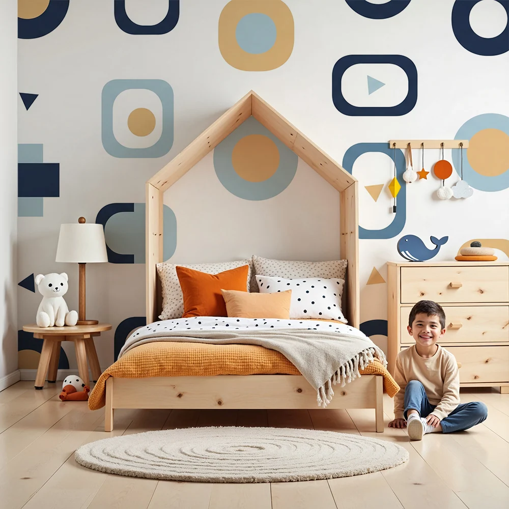 Gyermekszoba tapéta | Modern kék és bézs geometriai minták