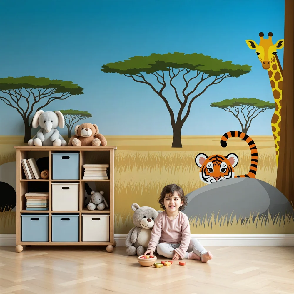 Gyermekszoba tapéta | Mozgó szafari állatokkal, panda, tigris és zsiráf