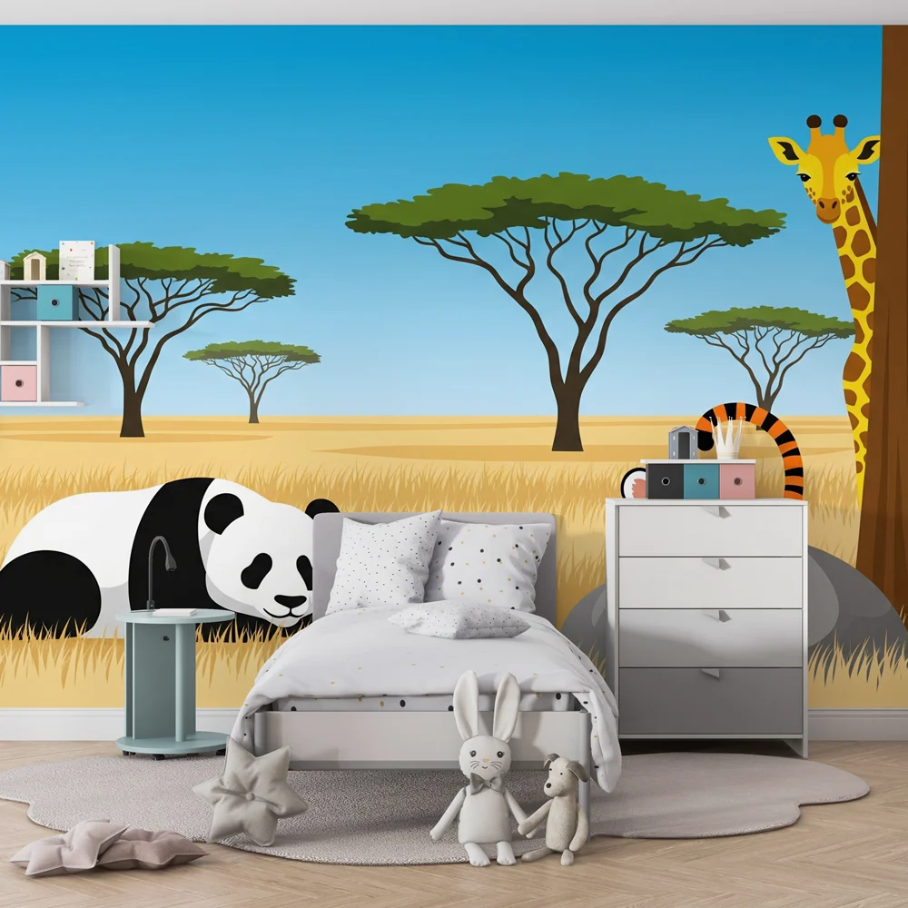 Gyermekszoba tapéta | Mozgó szafari állatokkal, panda, tigris és zsiráf