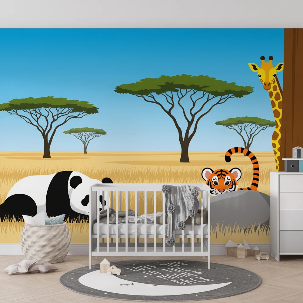 Gyermekszoba tapéta | Mozgó szafari állatokkal, panda, tigris és zsiráf