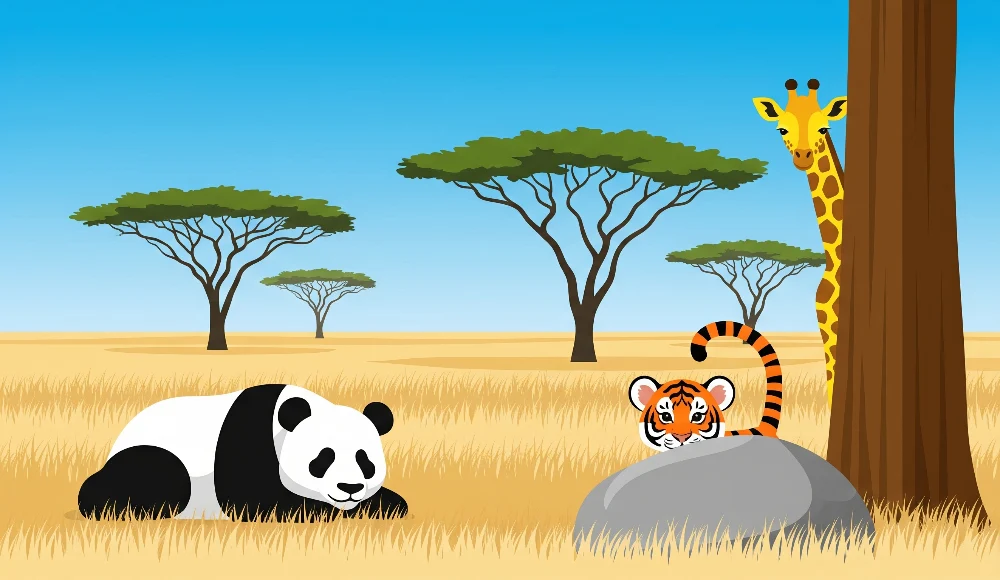 Gyermekszoba tapéta | Mozgó szafari állatokkal, panda, tigris és zsiráf