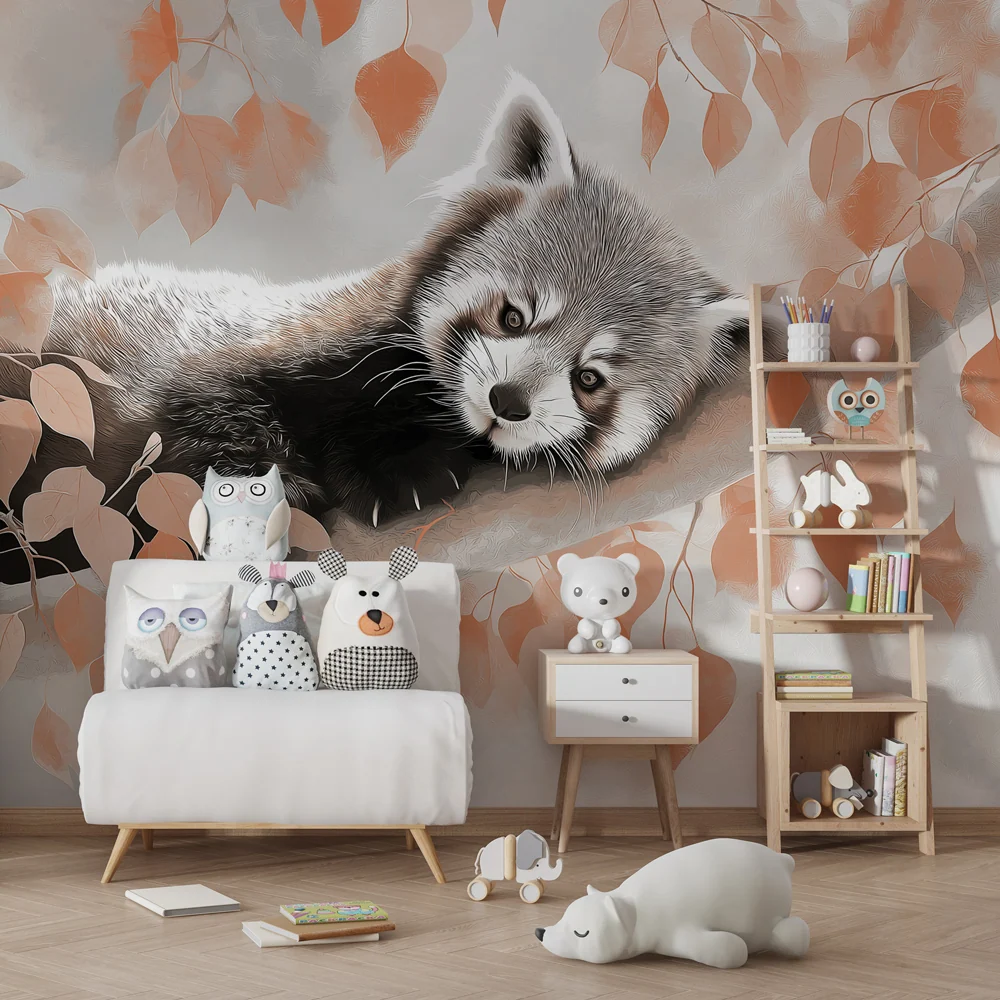 Gyermekszoba tapéta | Nyugodt kis vörös panda egy ágon