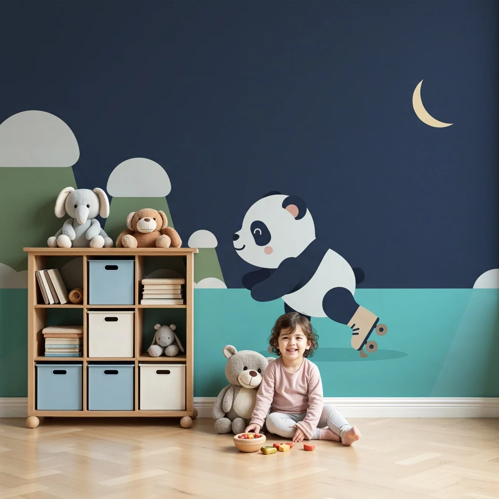 Gyermekszoba tapéta | Párnázó panda csillagok alatt