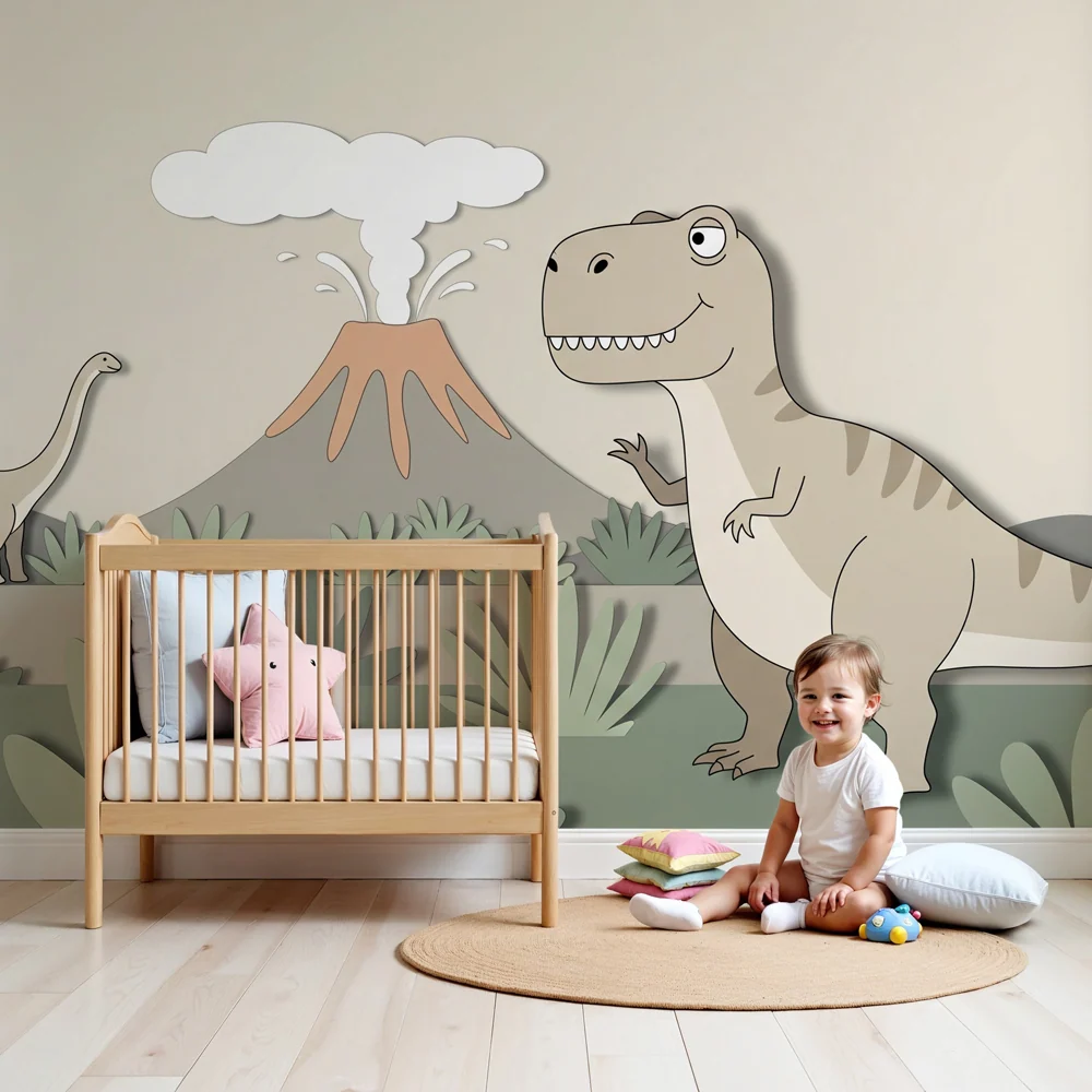 Gyermekszoba tapéta | T Rex és diplodocus bézs színű, saláta zöld levelekkel