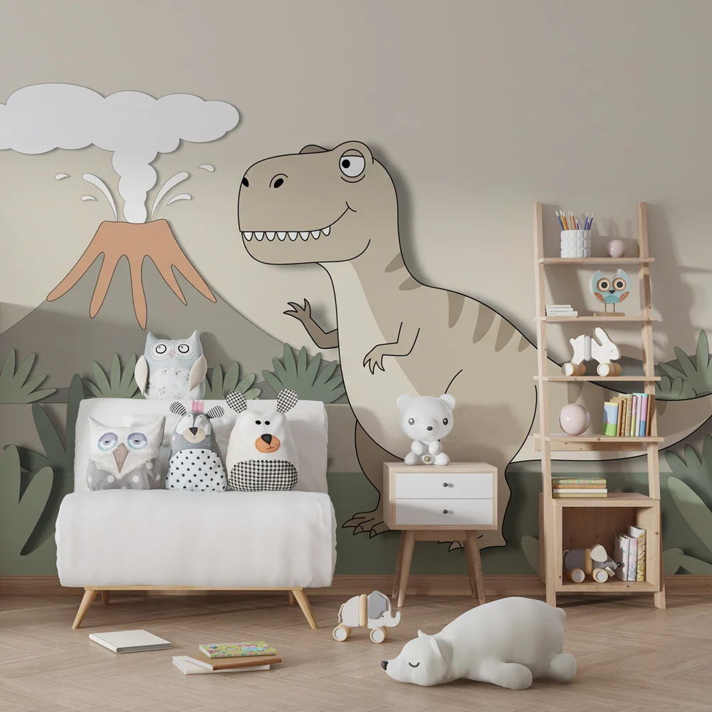 Gyermekszoba tapéta | T Rex és diplodocus bézs színű, saláta zöld levelekkel