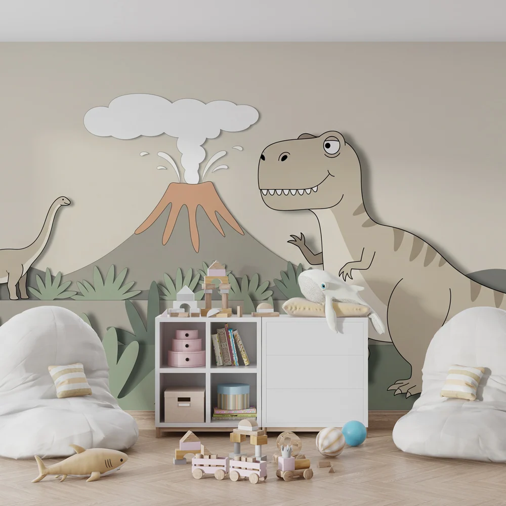 Gyermekszoba tapéta | T Rex és diplodocus bézs színű, saláta zöld levelekkel