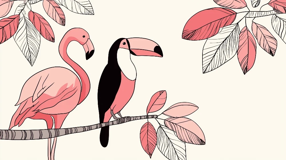 Gyermekszoba tapéta | Rózsaszín flamingók és színes tukánok