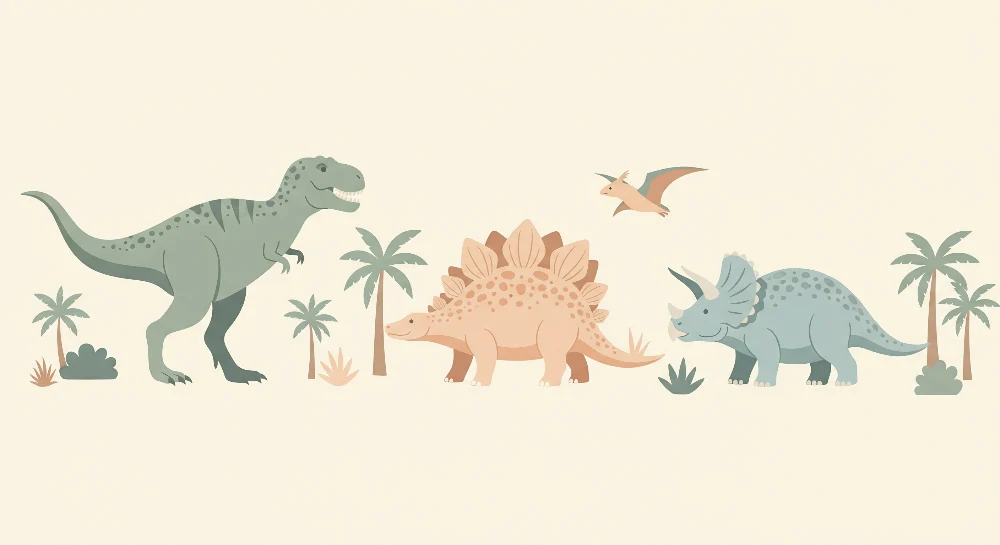 Gyermekszoba tapéta | Színes dinoszauruszok ősi környezetben