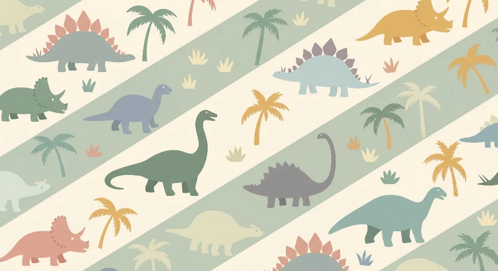 Gyermekszoba tapéta | Színes dinoszauruszok és pálmafák puha háttéren