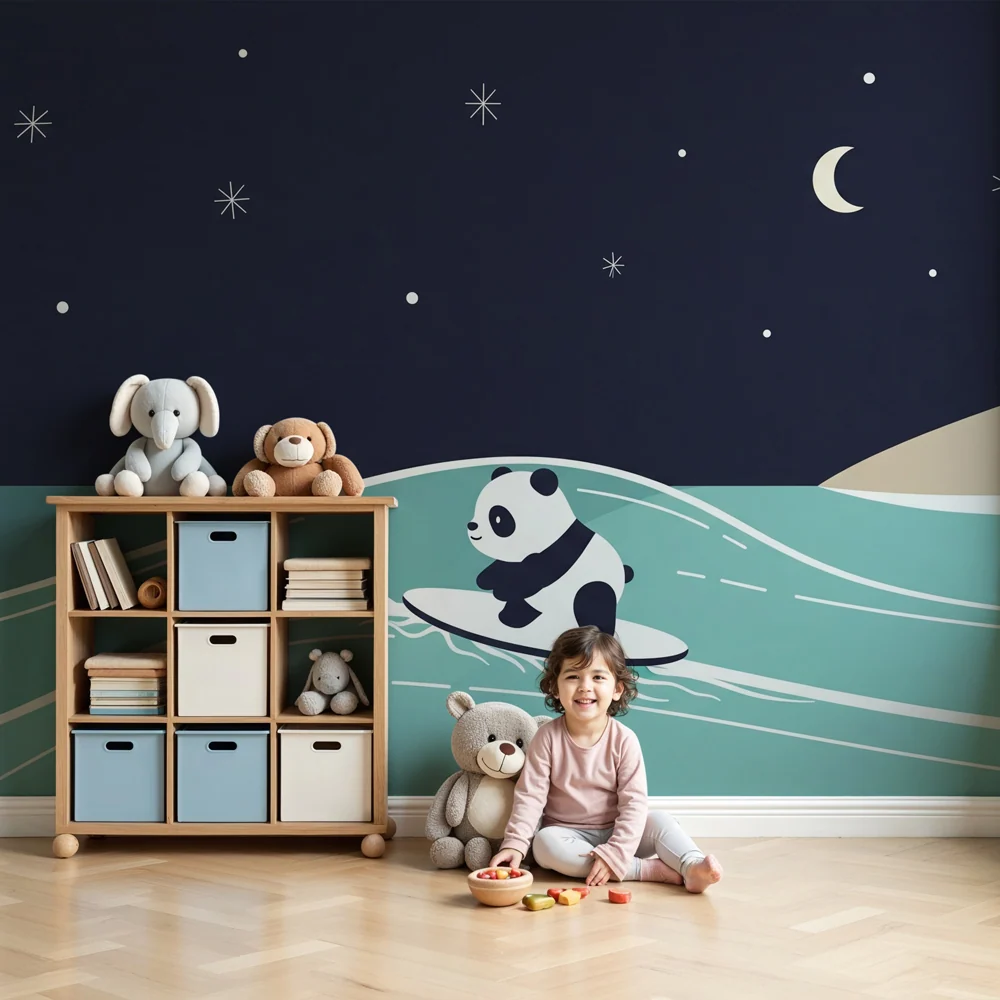 Gyermekszoba tapéta | Szörfölő panda csillagok alatt