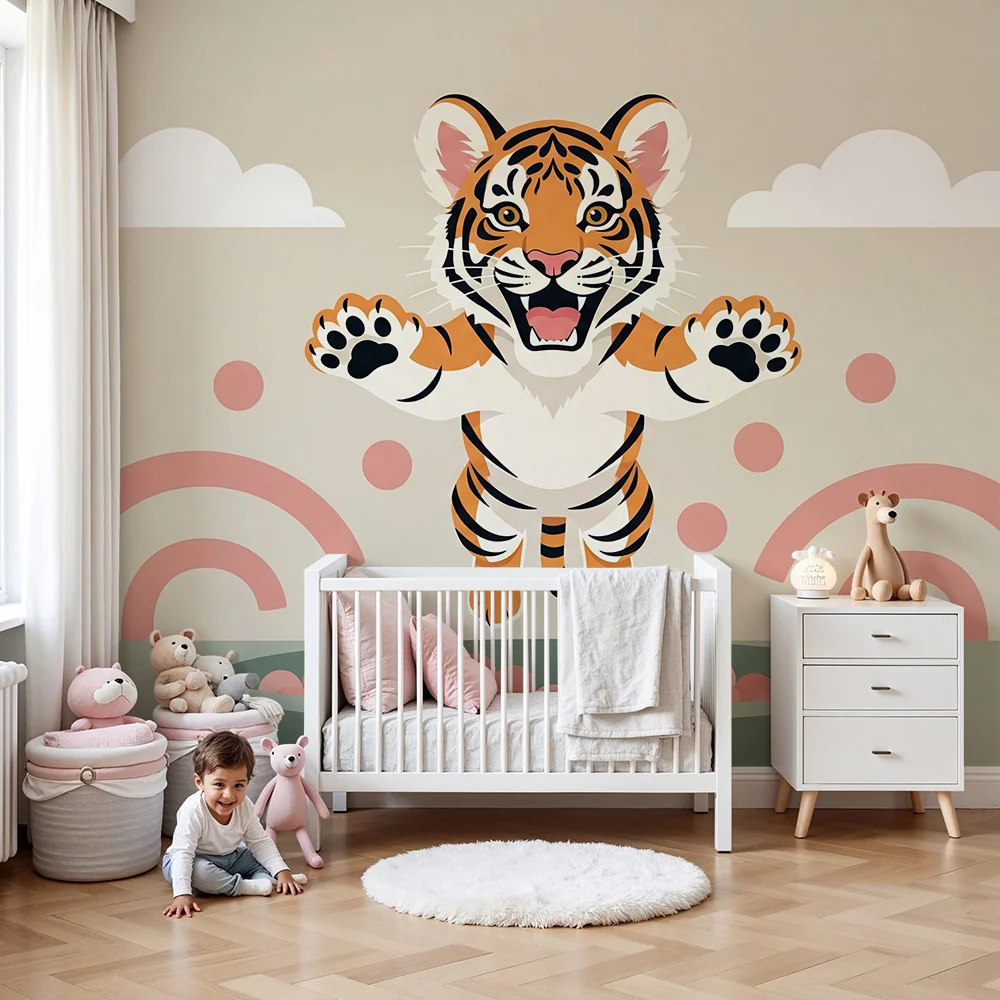 Gyermekszoba tapéta | Ugró tigris élénk színekkel és játékos formákkal