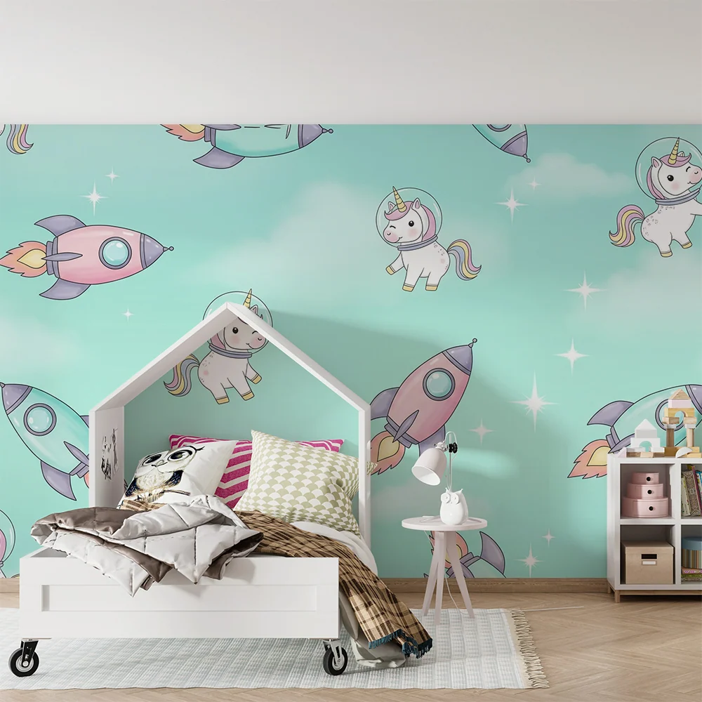 Gyermekszoba tapéta | Unikornisok, űrhajósok és rakéták egy csillagos égbolton