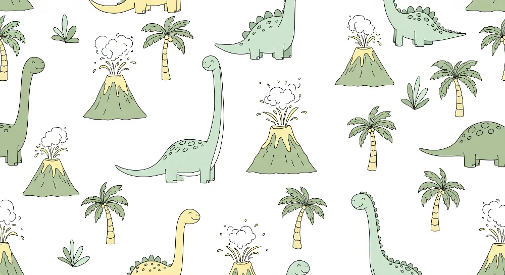 Gyermekszoba tapéta | Vicces dinoszauruszok és ősi tájak vulkánokkal
