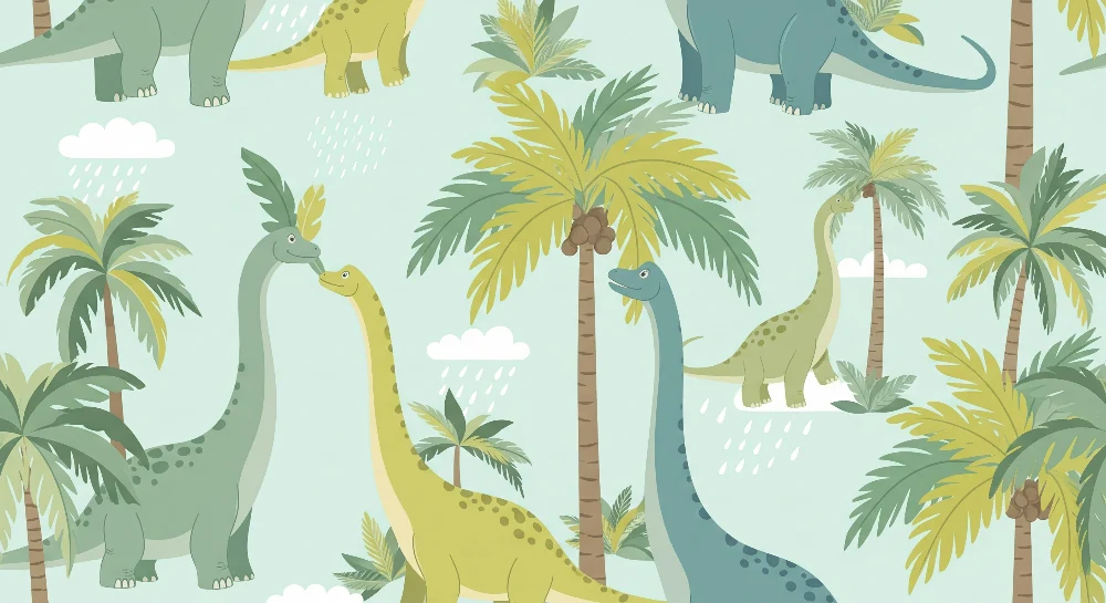 Gyermekszoba tapéta | Vidám dinoszauruszok trópusi pálmafák alatt