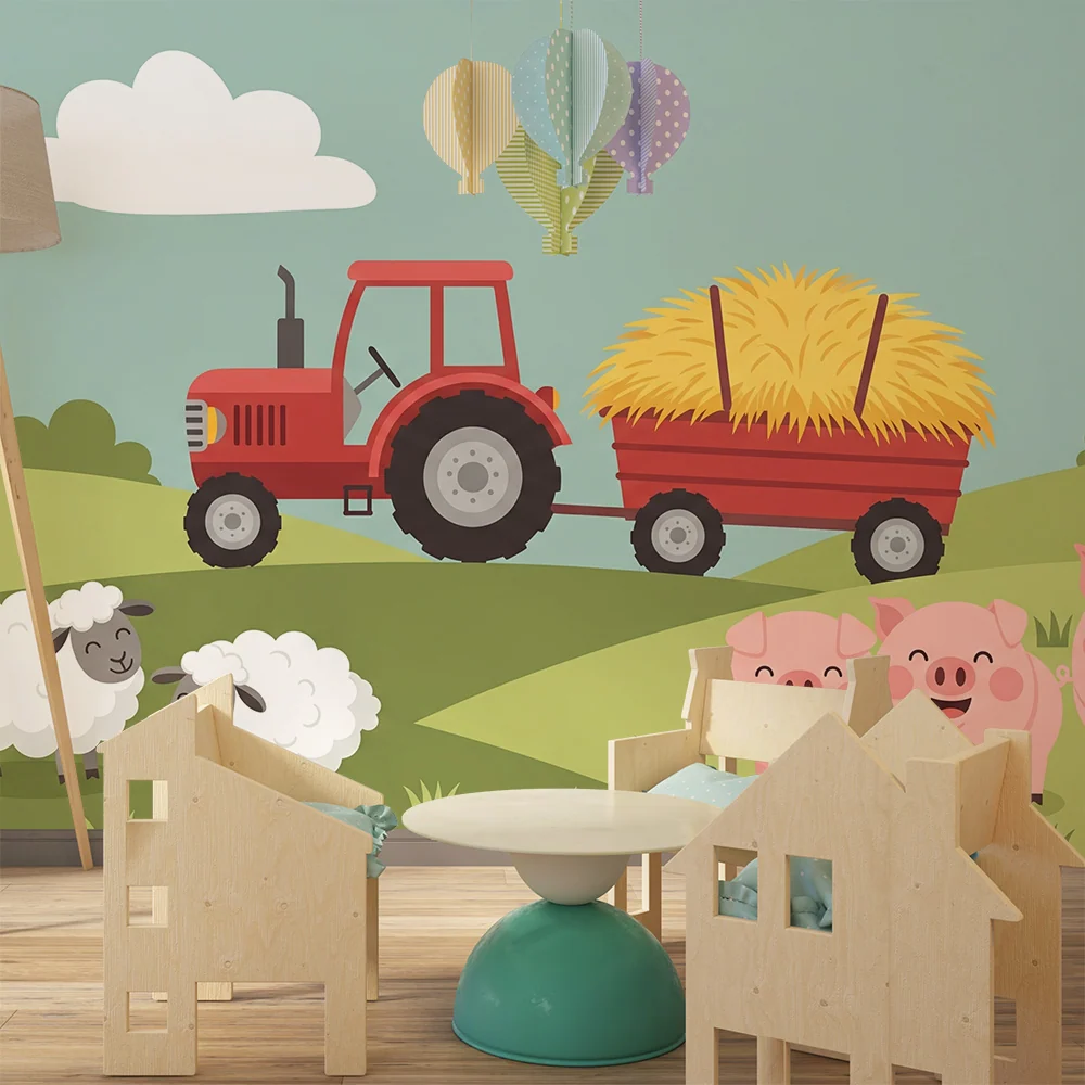 Gyermekszoba tapéta | Vidám farm traktorral és állatokkal