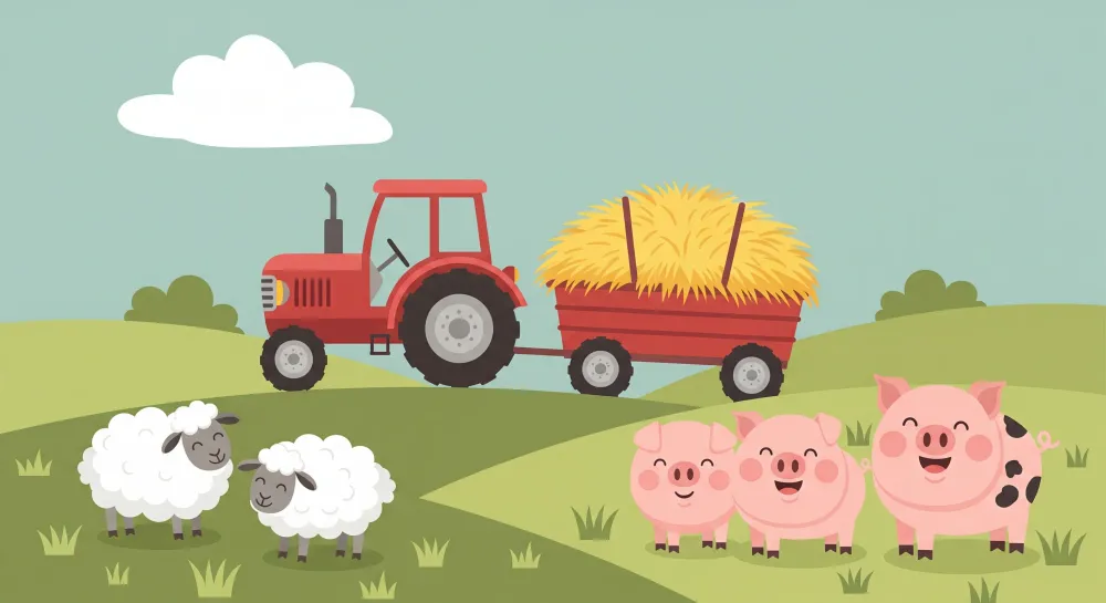 Gyermekszoba tapéta | Vidám farm traktorral és állatokkal