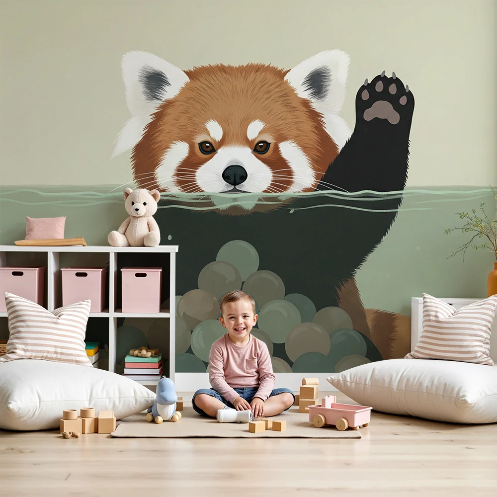 Gyermekszoba tapéta | Vidám vörös panda vízben színes labdákkal