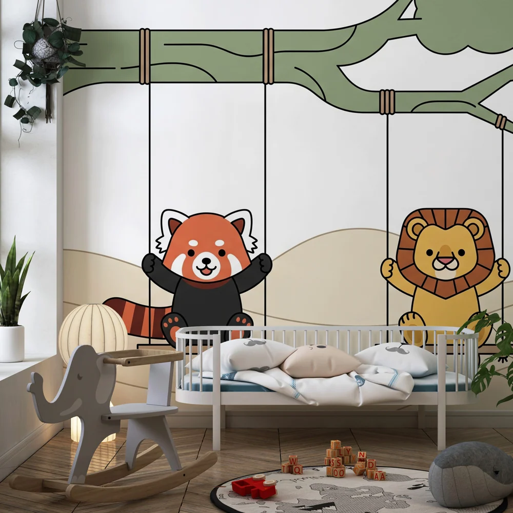 Gyermekszoba tapéta | Vörös panda és oroszlán hintában