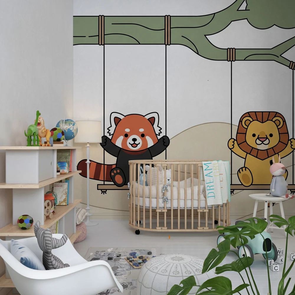 Gyermekszoba tapéta | Vörös panda és oroszlán hintában