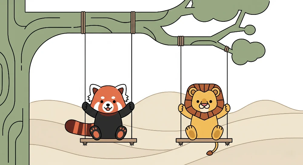 Gyermekszoba tapéta | Vörös panda és oroszlán hintában