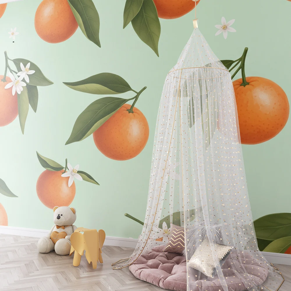 Gyermekszoba tapéta | Ízletes narancsok és fehér virágok mentazöld háttéren