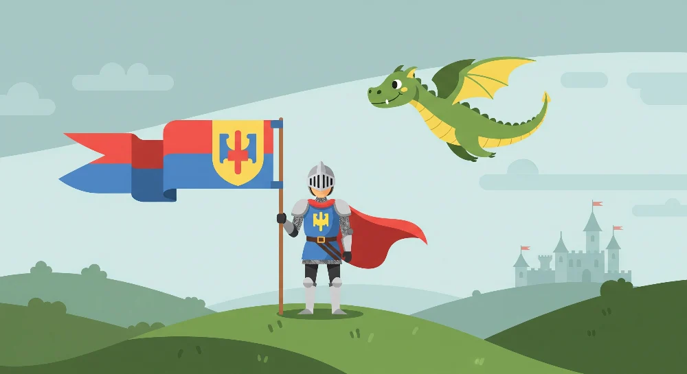 Gyermekszobai tapéta | Bátor lovag és pajkos sárkány egy fantasztikus világban