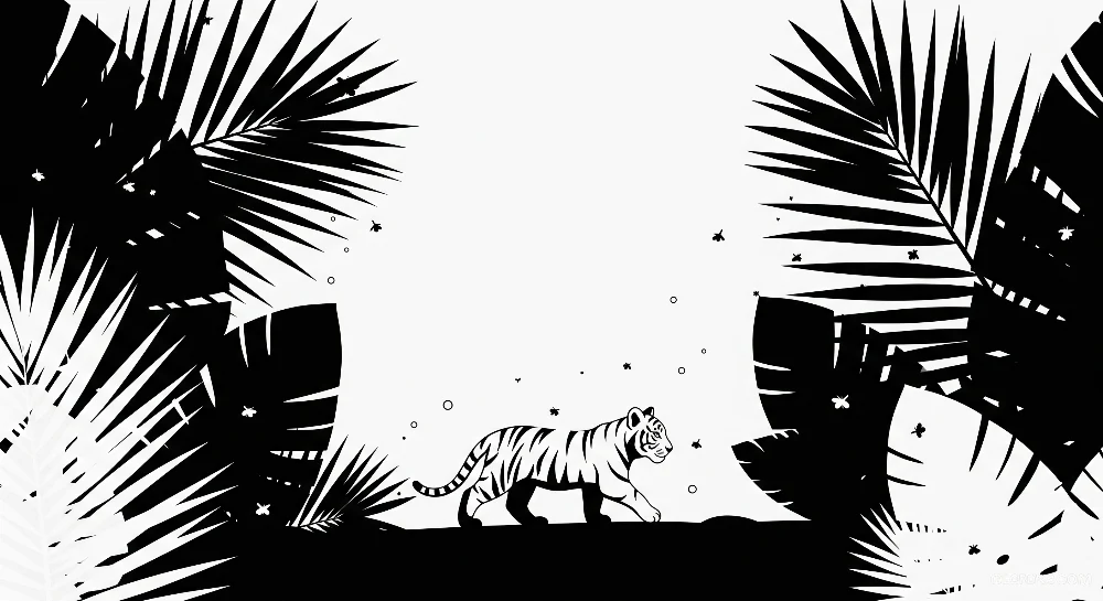 Gyermekszobai tapéta | Fehér tigris stilizált fekete-fehér dzsungelben