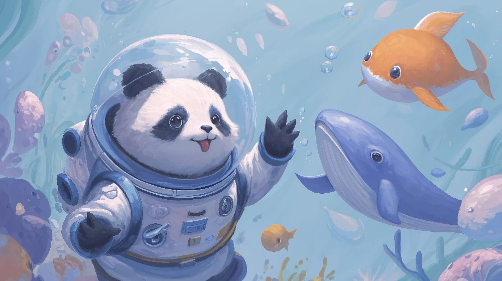 Gyermekszobai tapéta | Űrhajós panda az óceán felfedezésében tengeri barátaival