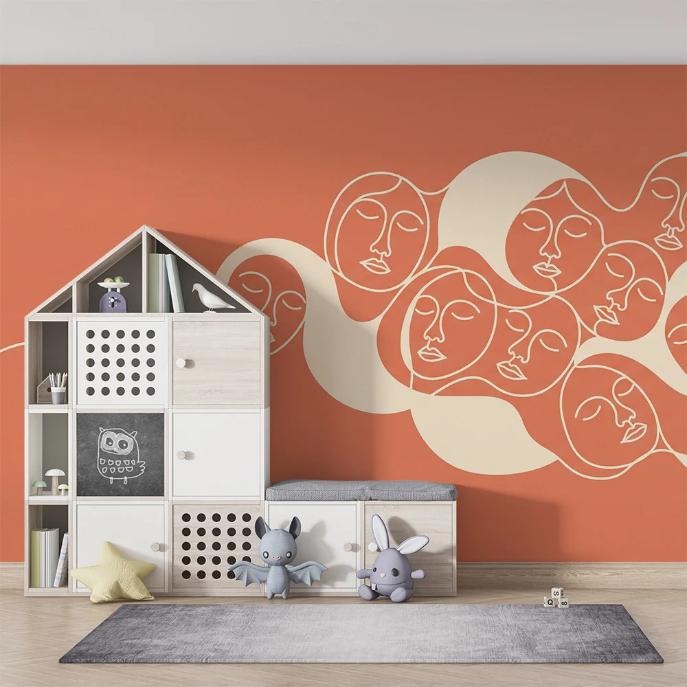 Gyermekszobai tapéta | Stilizált arcok terrakotta háttérrel