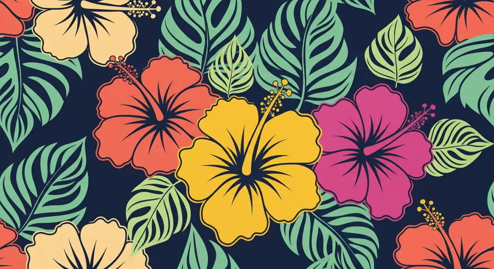 Gyermekszobai tapéta | Színes hibiszkuszvirágok sötét háttéren
