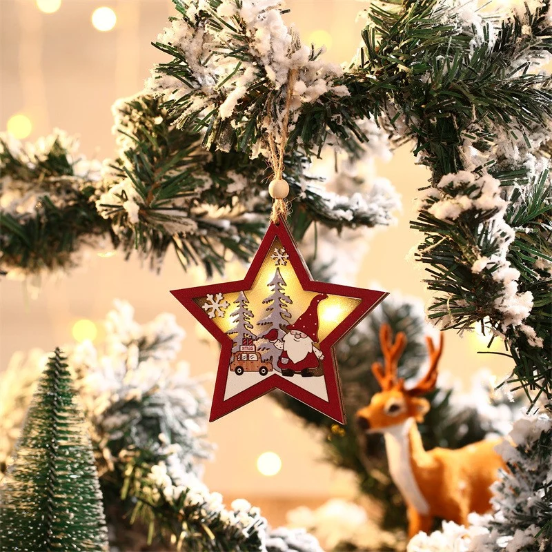 Karácsonyfadísz, Vivimall, LED világítással, fából, manó figura, csillag mintás, többszínű