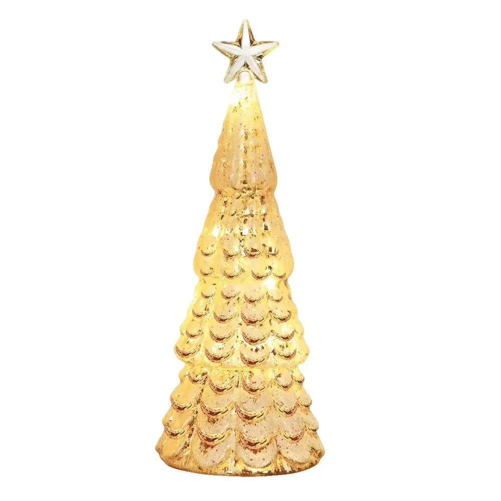 Karácsonyi dekoráció, Vivimall, Fenyófa csillaggal modell, Üvegből, Világít, 3 AA elemmel működik, 24 x 8 cm, Arany