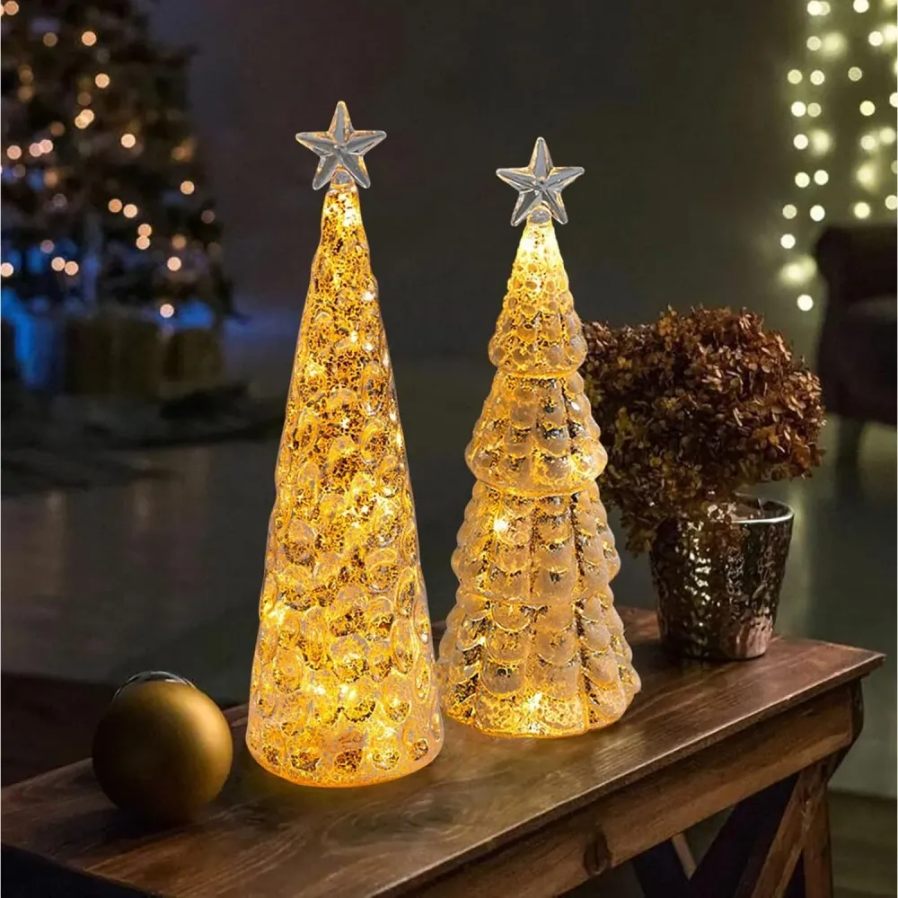 Karácsonyi dekoráció, Vivimall, Fenyófa csillaggal modell, Üvegből, Világít, 3 AA elemmel működik, 24 x 8 cm, Arany