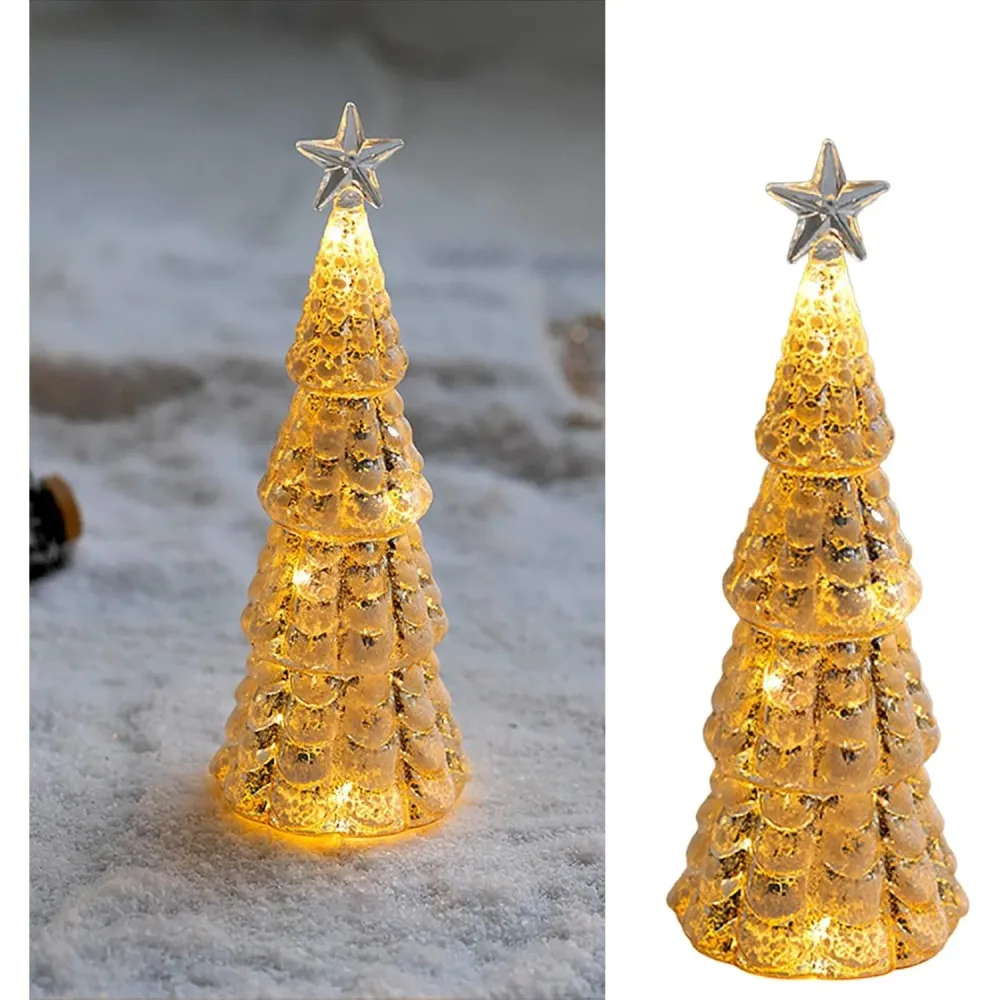 Karácsonyi dekoráció, Vivimall, Fenyófa csillaggal modell, Üvegből, Világít, 3 AA elemmel működik, 24 x 8 cm, Arany