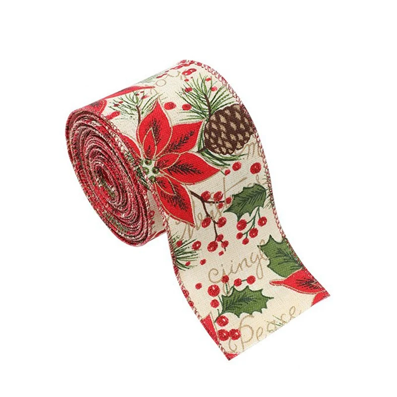 Karácsonyi díszszalag, Vivimall, karácsonyfadísz, ünnepségek, tobozos és piros virágos szalag, 200 x 6,3 cm, Khaki